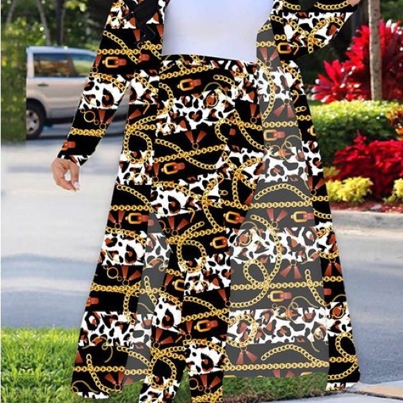 2pc Gold /Black Chain Link Long Sleeve Open Front Cardigan High Waist Pants - Picture 6 of 13